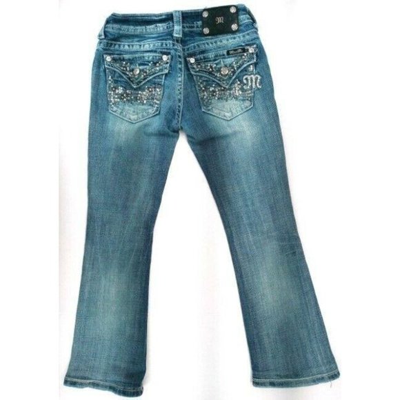 Miss Me Women's Jeans Sz 26 JE8007BR Boot Sequin Rhinestone Distressed Back Flap - Picture 2 of 12